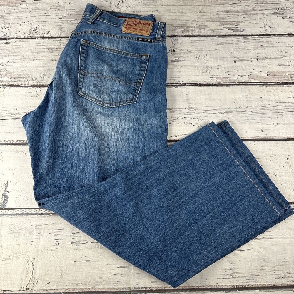Lucky Brand Jeans Mens 34x27 Blue 181‎ Relaxed Straight Leg Med Wash Distressed